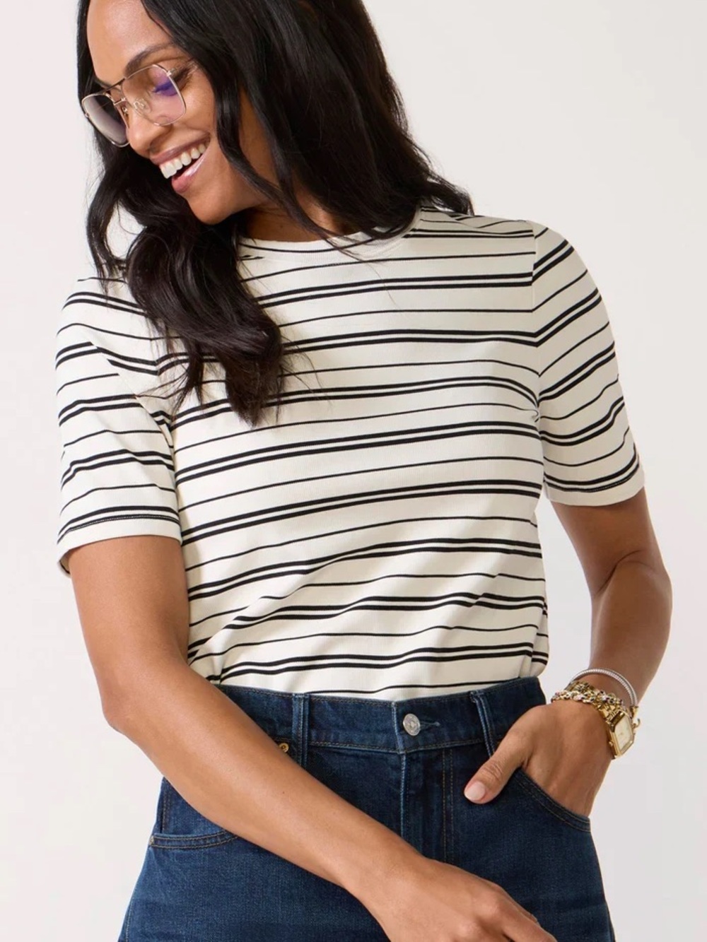SPANX Savannah Stripe Tee 1X Navy White TENCEL Crewneck NWT